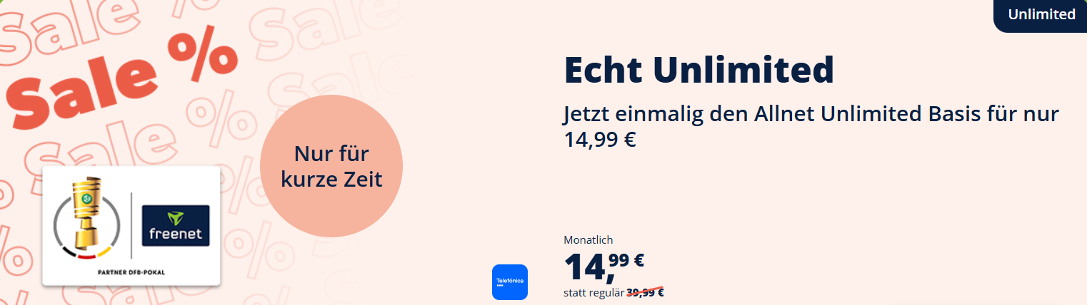 Alles ber den freenet Allnet Unlimited Basis Tarif in der DFB-Pokal Aktion 2025: Leistungen, Preise, Vorteile, Netzabdeckung und Vergleichstabellen.