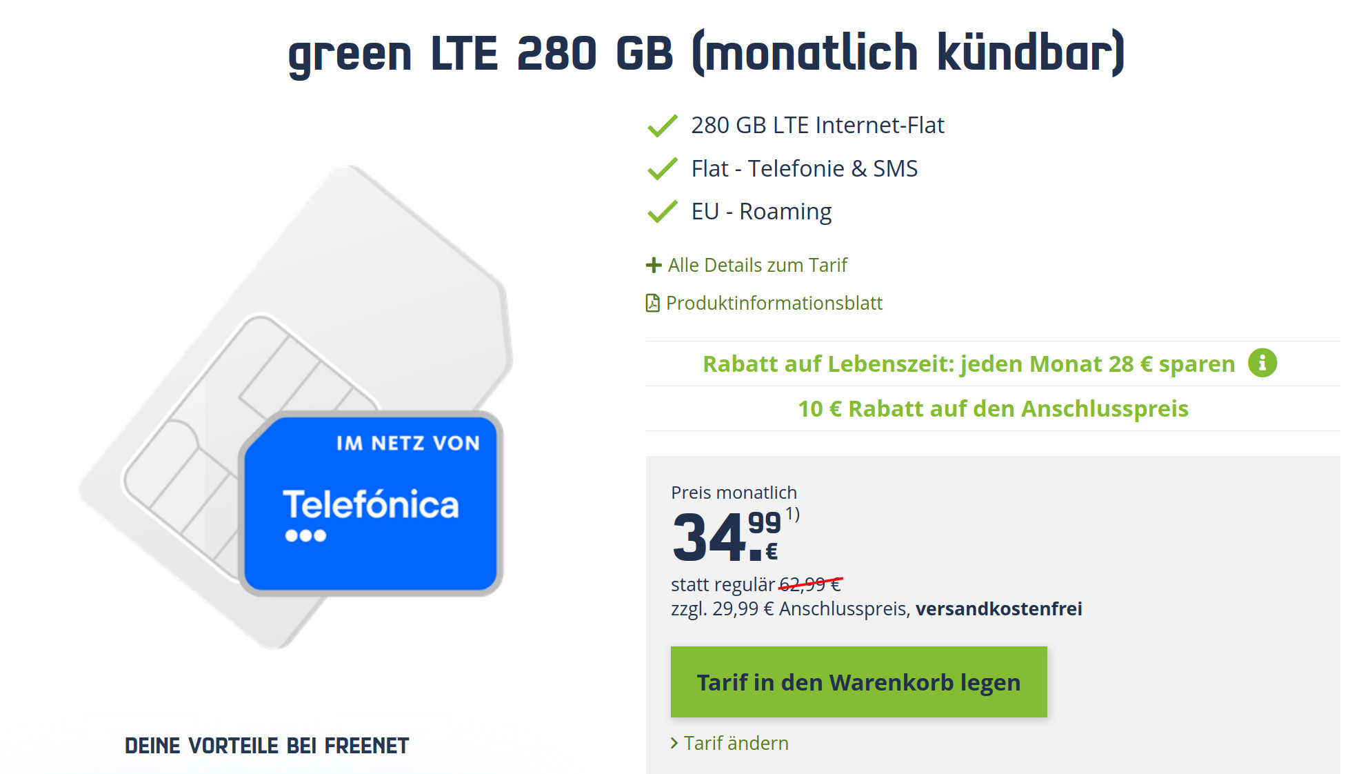 freenet O2 Mobilfunktarife: O2 LTE Allnet-Flat mit 280 Gigabyte Datenvolumen f�r mtl. 34,99 Euro und mtl. Laufzeit