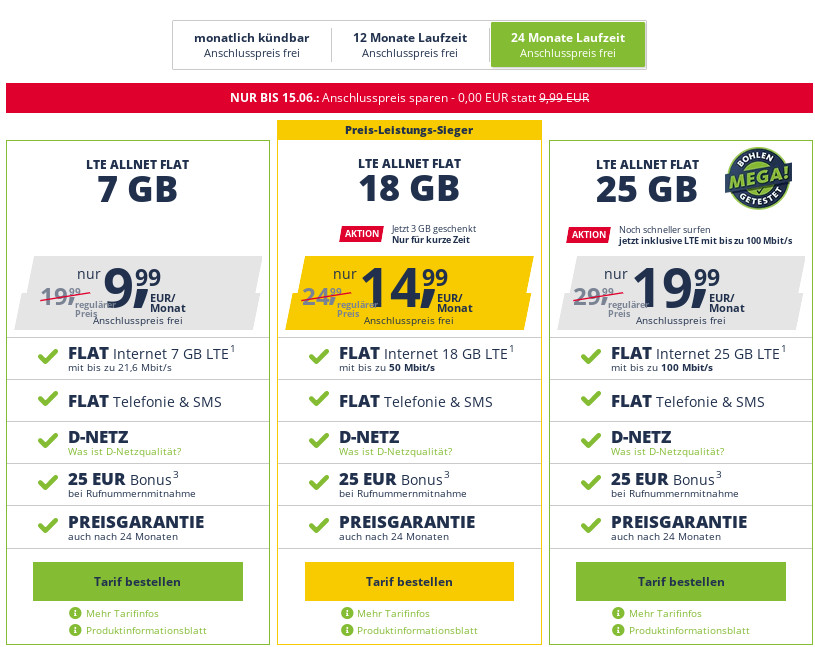 Tarife im Vodafone Netz: Kein Anschlusspreis --Freenet Mobile 18 GB Allnet Flat fr 14,99 Euro