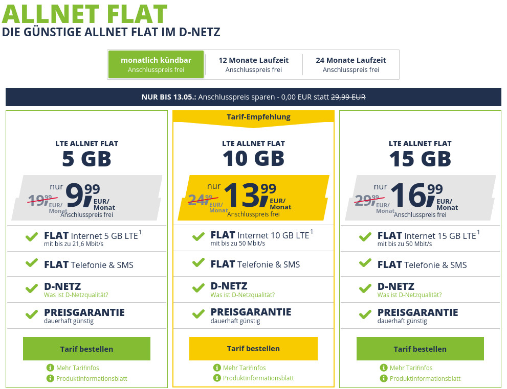 50 Prozent Sparen, kein Anschlusspreis: Freenetmobiles 5 GB LTE Allnet Flat f�r 9,99 Euro