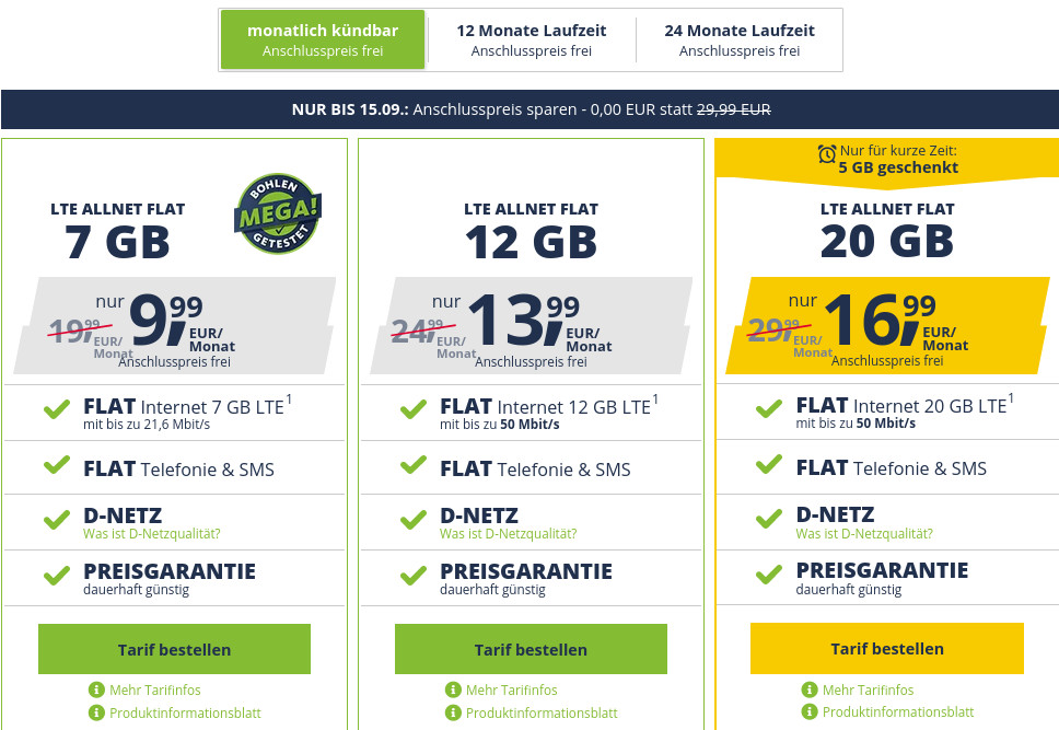 50 Prozent Sparen, kein Anschlusspreis --Freenet Mobile 7 GB LTE Allnet Flat f�r 9,99 Euro