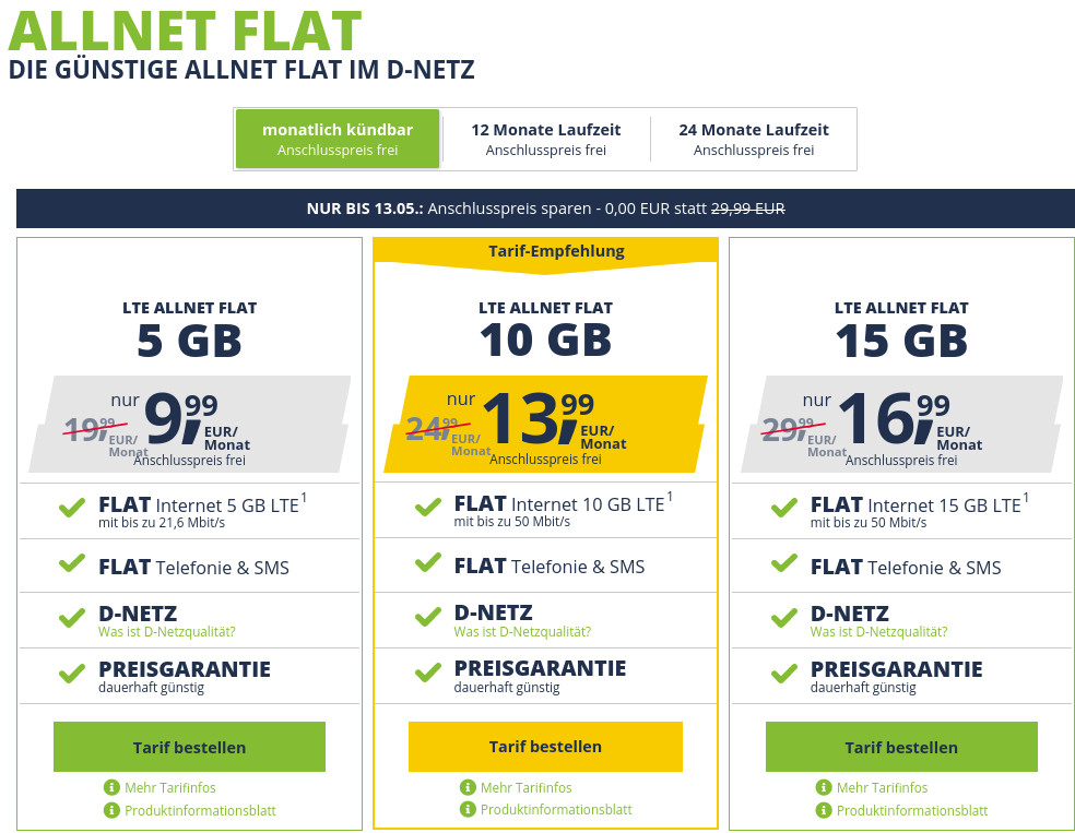 50 Prozent Sparen, kein Anschlusspreis --Freenet Mobile 5 GB LTE Allnet Flat f�r 9,99 Euro