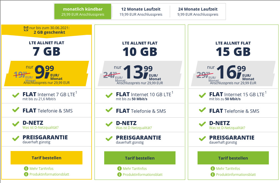 Freenet Mobile Tarife: Mehr Datenvolumen --7 GB LTE Allnet Flat f�r 9,99 Euro