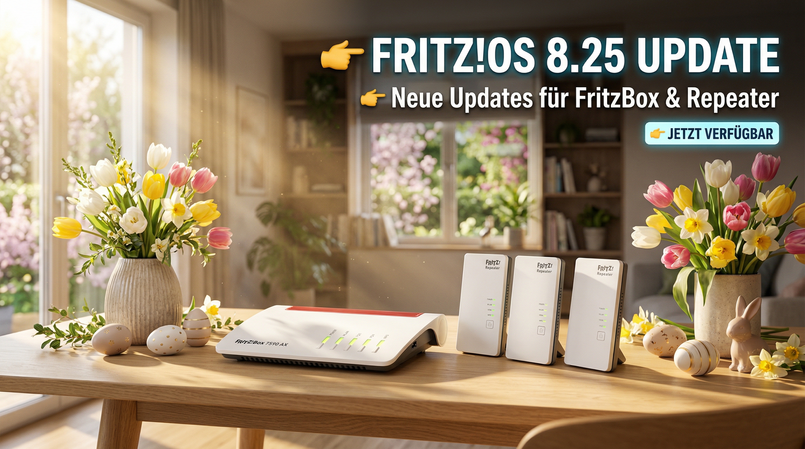 AVM rollt FRITZ!OS 8.25 zu Ostern weiter aus: Diese FritzBoxen und Repeater erhalten Updates bis 2. April 2026. Alle Versionen, Ger�te und Neuerungen im �berblick. Jetzt informieren!