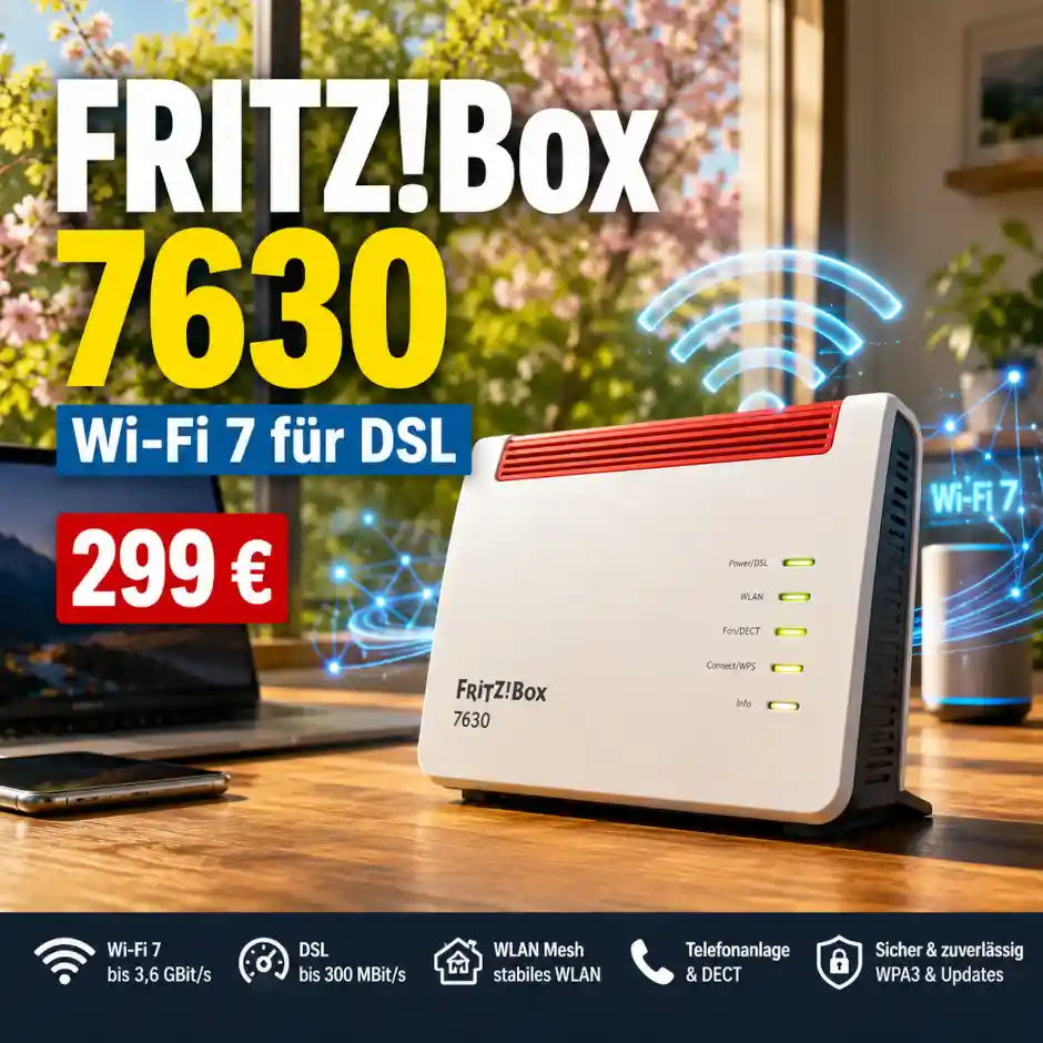 Die FRITZ!Box 7630 bringt Wi-Fi 7 an DSL-Anschl�sse. Daten, Preis, St�rken, Schw�chen und Vergleich mit 7690 und 7590 AX