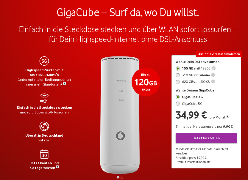 Vodafone GigaCube Tarife November: 5G GigaCube für 1 Euro, Gigacube Tarife ab 34,99 Euro