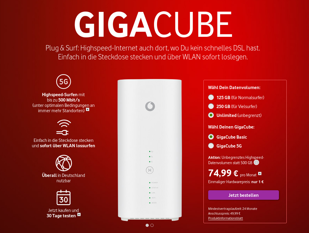 Vodafone GigaCube unlimited: Weiterhin echte Datenflatrate fr 74,99 Euro --Auch im 5G-Netz verfgbar
