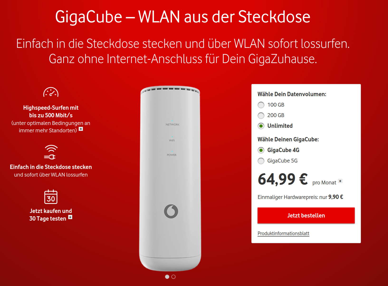 Vodafone GigaCube Unlimited Tarife: Wieder Unlimited Tarife auch im 5G-Netz mit 500 Mbit