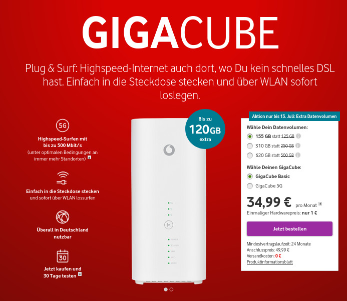 Vodafone GigaCube Tarife Juli: 5G GigaCube fr 1 Euro plus extra Datenvolumen