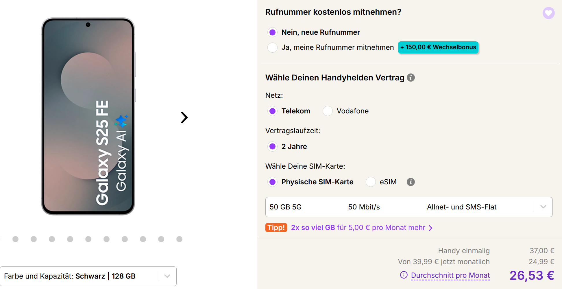 Samsung Galaxy S25 FE mit freenet Allnet-Flat im Telekom-Netz bei Handyhelden.de: Nur 37 Euro Zuzahlung, 50 GB Datenvolumen und starke Ersparnis im Bundle.