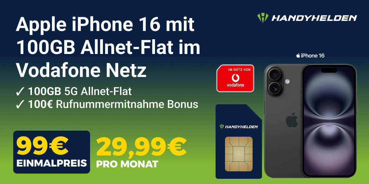 Top-Angebot: Apple iPhone 16 mit 100 GB Vodafone 5G Allnet Flat fr effektiv nur 0,82 € monatlich. Alle Details zum Bundle von Handyhelden.