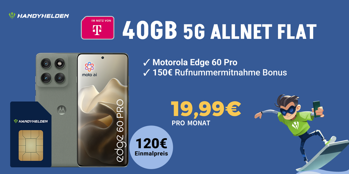 Motorola Edge 60 Pro mit 40 GB Telekom 5G Allnet Flat fr nur 19,99 € mtl. und effektiv 0,68 € dank Rufnummermitnahme-Bonus. Alle Details zum Top-Angebot hier.