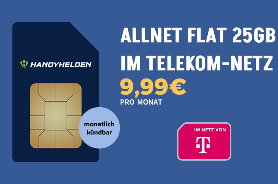 Handyhelden bietet ab sofort eine monatlich kndbare Allnet-Flat im Telekom-Netz mit 25 GB 5G-Datenvolumen fr dauerhaft 9,99 € pro Monat. Alle Details, Vorteile und Konditionen im berblick.