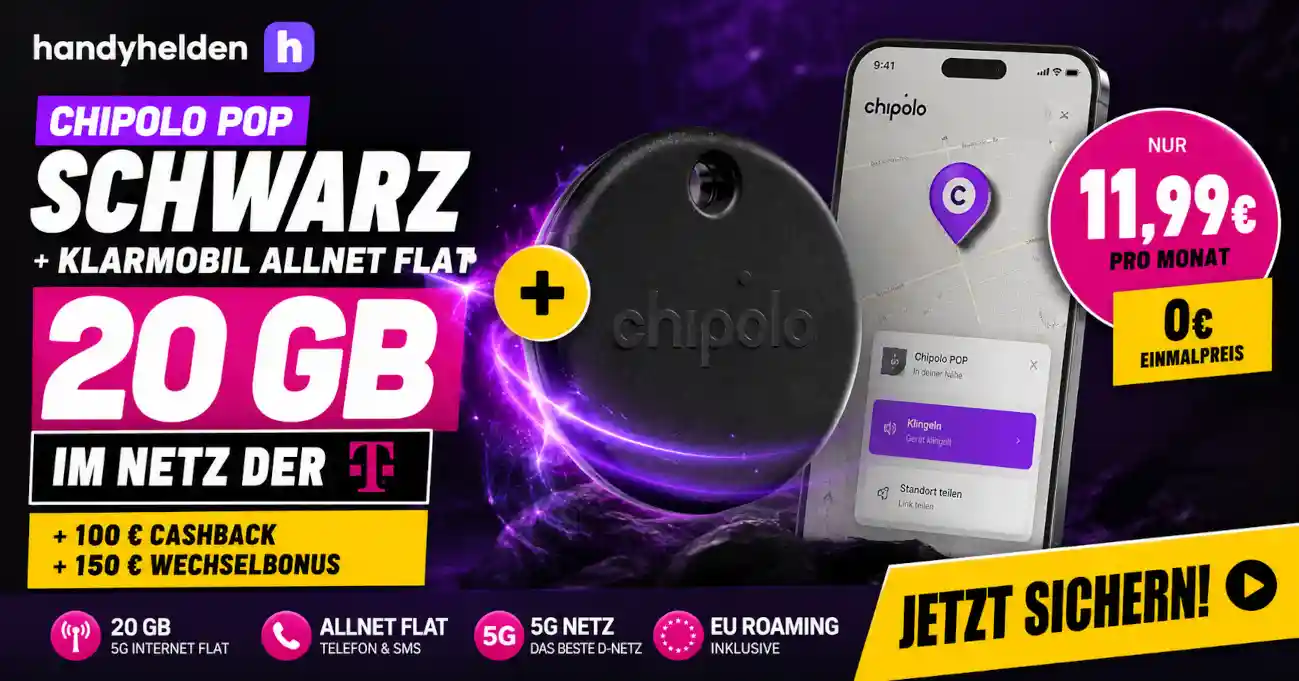 Chipolo POP statt AirTag: 20 GB im Telekom-Netz, Allnet-Flat und Tracker gibt es rechnerisch f�r unter 60 Euro Gesamtkosten