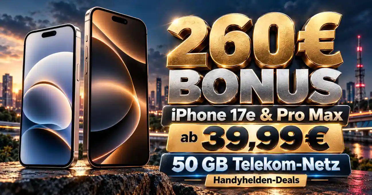 Handyhelden iPhone 17e und iPhone 17 Pro Max mit 50 GB Telekom-Tarif und 260 Euro Bonus