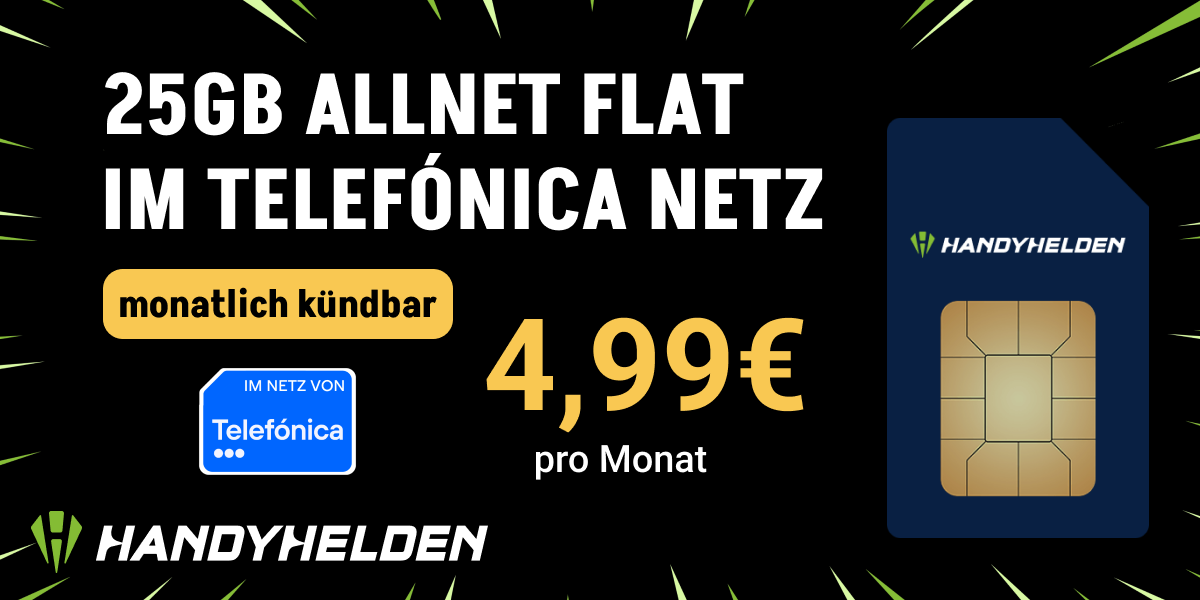 Handyhelden bietet ab sofort eine monatlich kndbare Allnet-Flat im Telekom-Netz mit 25 GB 5G-Datenvolumen fr dauerhaft 9,99 Euro pro Monat. Alle Details, Vorteile und Konditionen im berblick.