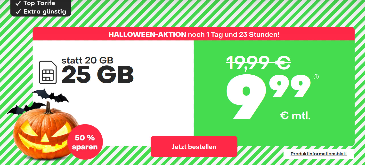 Halloween 25 GB Tarife: Handyvertrag 25 GB LTE All-In-Flat f�r 9,99 Euro mit mtl. Laufzeit