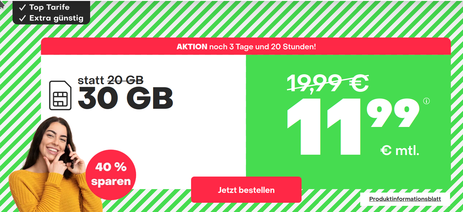 Tarifpower 30 GB Handyflatrate Tarife: Handyvertragde 30 GB LTE All-In-Flat f�r 11,99 Euro mit mtl. Laufzeit