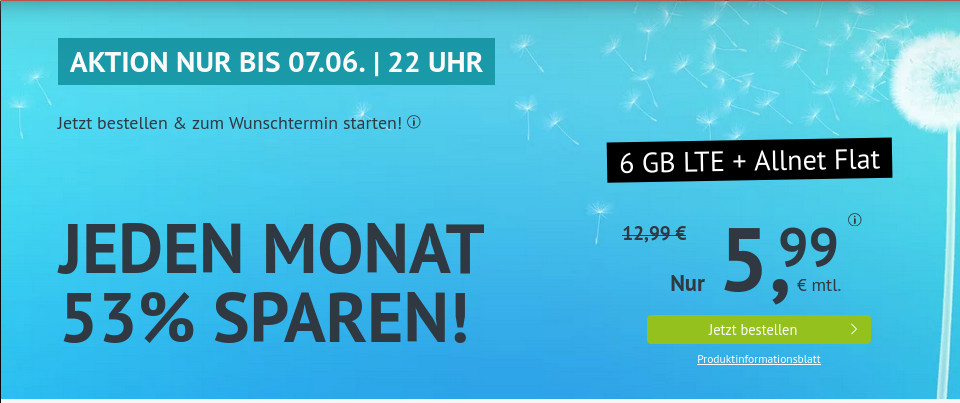 Tariftipp 6 GB Tarife: Handyvertrag 5 GB LTE All-In-Flat fr 5,99 Euro mit mtl. Laufzeit