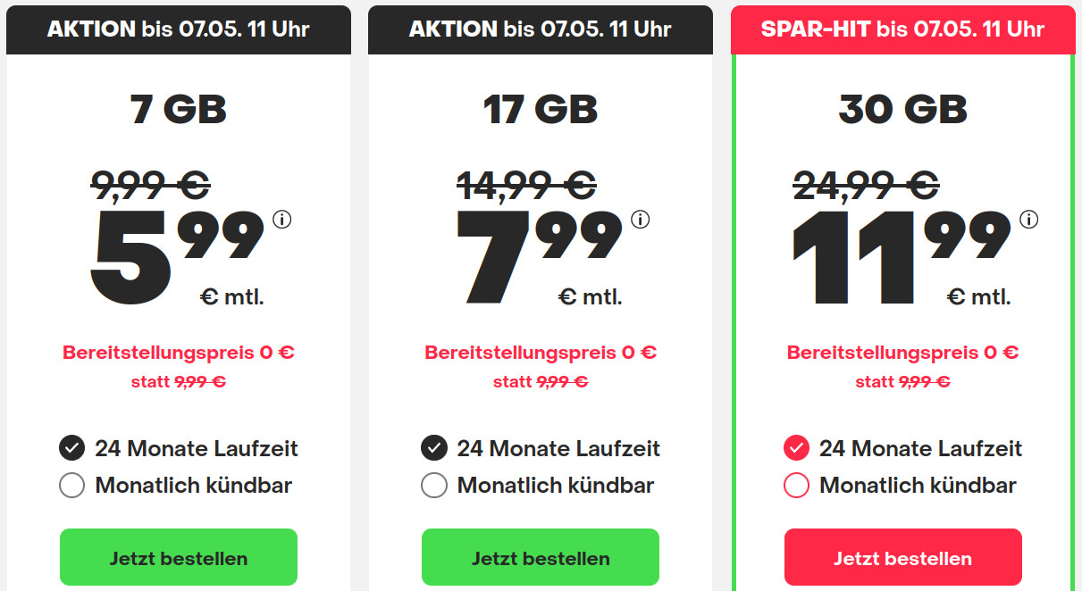 Spartipp 17 GB Handytarife: Handyvertrag 17 GB 5G Flat f�r 7,99 Euro ohne Anschlusspreis
