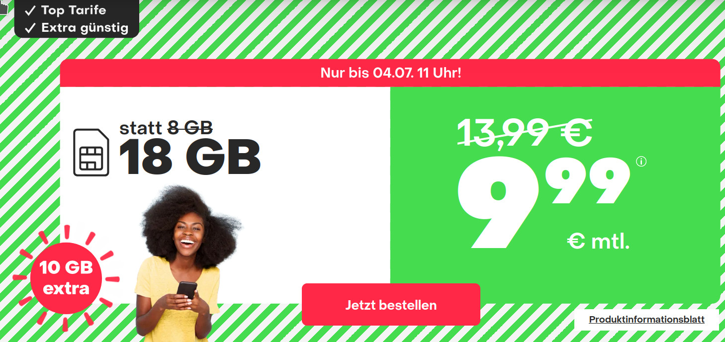 Tariftipp 18 GB Handytarife: Handyvertragde 18 GB LTE All-In-Flat f�r 9,99 Euro mit mtl. Laufzeit