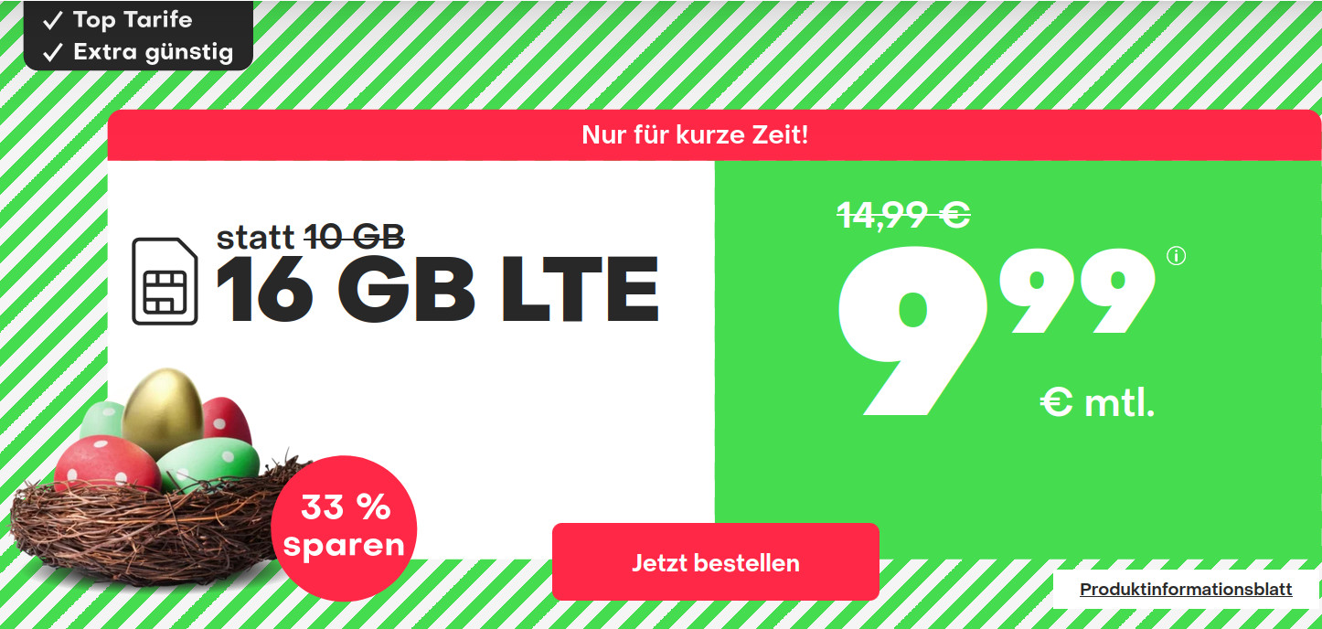 Oster-Deal: Handyvertrag 16 GB LTE All-In-Flat fr 9,99 Euro mit mtl. Laufzeit