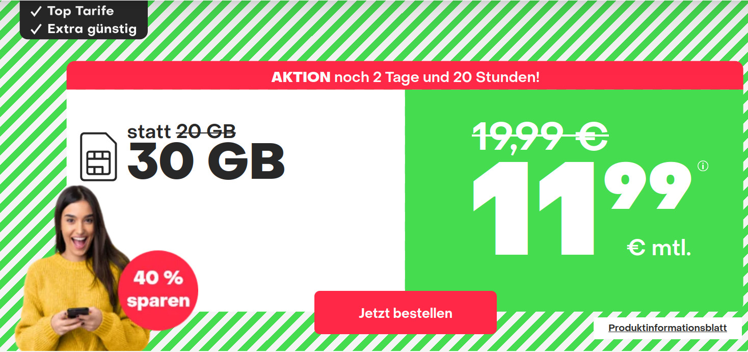 Handyflatrate Tarife: Handyvertrag 30 GB LTE All-In-Flat f�r 11,99 Euro mit mtl. Laufzeit
