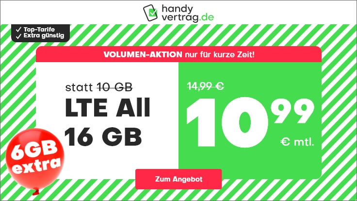 Tarifpower 16 GB Tarife: Handyvertragde 16 GB LTE All-In-Flat f�r 10,99 Euro mit mtl. Laufzeit