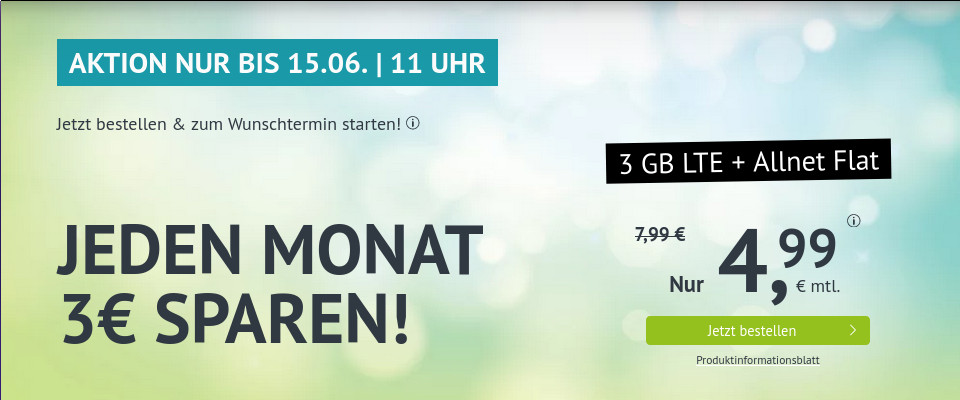 Tariftipp 3 GB Tarife: Handyvertrag 3 GB LTE All-In-Flat f�r 3,99 Euro mit mtl. Laufzeit