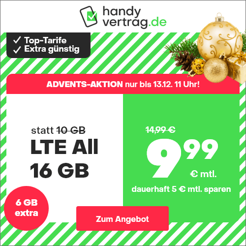 Advents-Deal: Handyvertrag 16 GB LTE All-In-Flat f�r 9,99 Euro mit mtl. Laufzeit