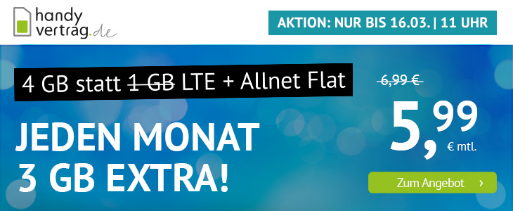 Tariftipp LTE Tarife: Handyvertrag mit 4 GB LTE All-In-Flat f�r 5,99 Euro mit mtl. Laufzeit