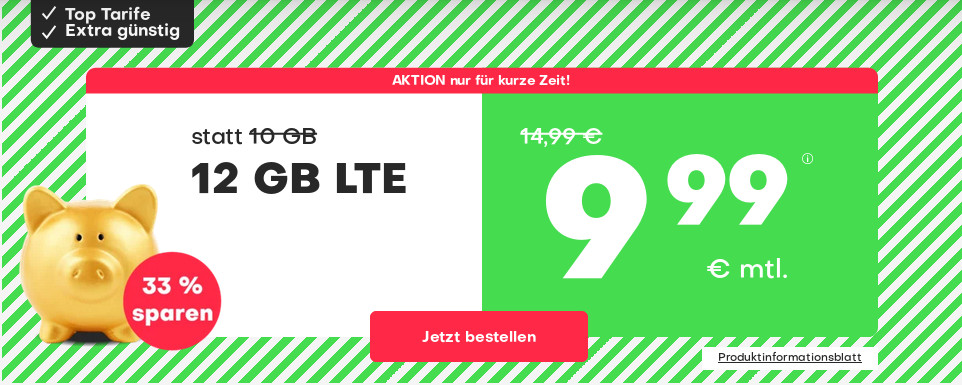 Spartipp 12 GB Tarife: Handyvertrag mit 12 GB LTE All-In-Flat f�r 9,99 Euro bei mtl. Laufzeit