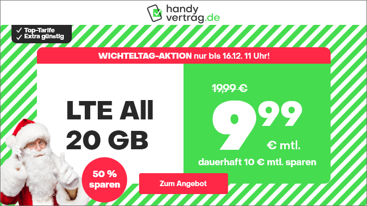 Tarifknaller: Handyvertrag 20 GB LTE All-In-Flat f�r 9,99 Euro mit mtl. Laufzeit