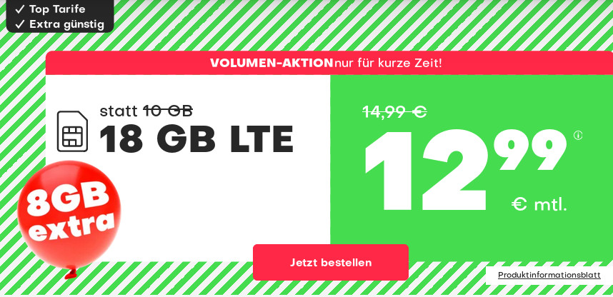 Tarifpower 18 GB Tarife: Handyvertragde 18 GB LTE All-In-Flat f�r 12,99 Euro mit mtl. Laufzeit