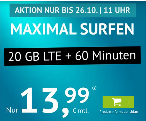 Preistipp 20 GB Tarife: Handyvertrag 20 GB LTE f�r 13,99 Euro mit 60 Freiminuten und mtl. Laufzeit
