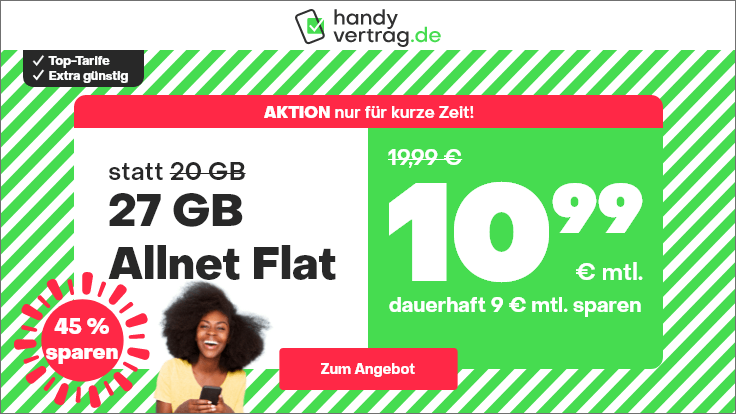 Tariftipp 27 GB Handytarife: Handyvertragde 27 GB LTE All-In-Flat f�r 10,99 Euro mit mtl. Laufzeit