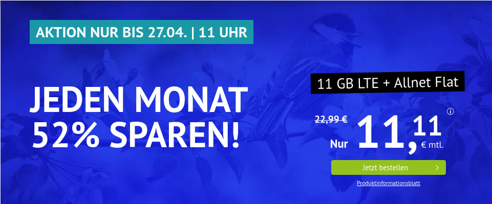 Tariftipp LTE Tarife: 11 GB LTE All-In-Flat mit 50 Mbit Speed f�r 11,11 Euro mit mtl. Laufzeit