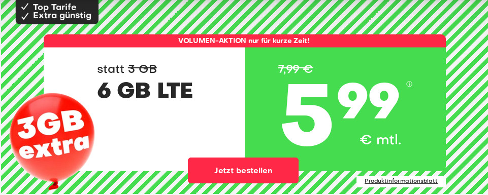 Tariftipp 6 GB Tarife: Handyvertrag 5 GB LTE All-In-Flat f�r 5,99 Euro mit mtl. Laufzeit