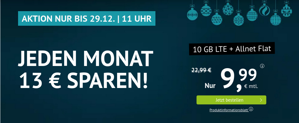 Weihnachts Deal 10 GB Tarife: 10 GB LTE All-In-Flat f�r 9,99 Euro mit mtl. Laufzeit