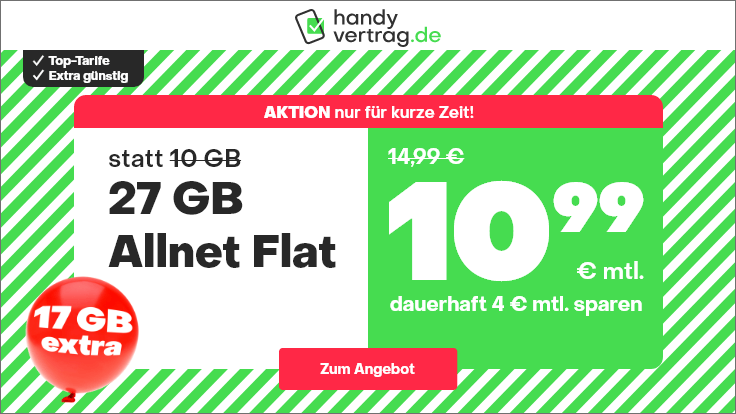 Tariftipp 27 GB Handytarife: Handyvertragde 27 GB LTE All-In-Flat f�r 10,99 Euro mit mtl. Laufzeit