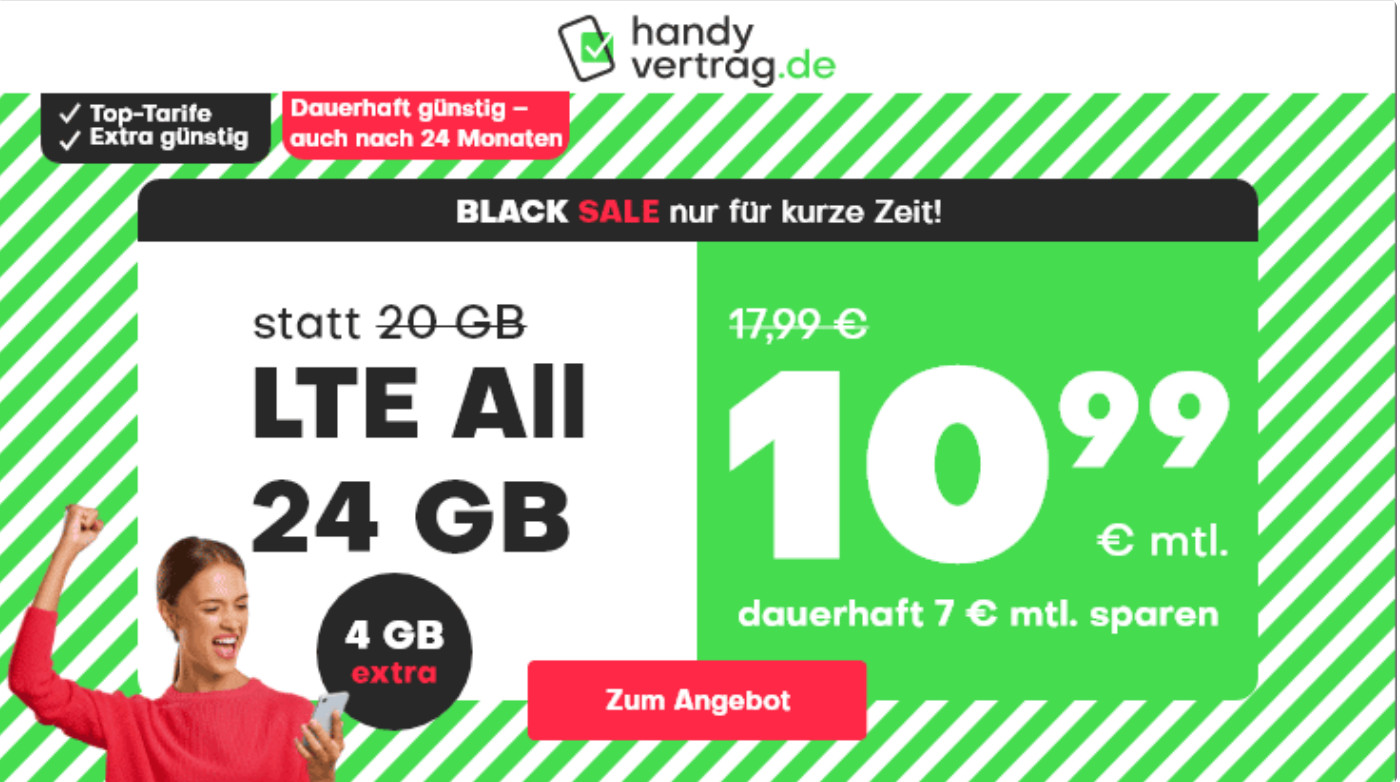 >Black Week Spartipp: Handyvertrag 10 GB LTE All-In-Flat f�r 6,99 Euro mit mtl. Laufzeit