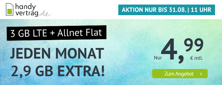 Tariftipp LTE Tarife: Handyvertrag mit 3 GB LTE All-In-Flat fr mtl. 4,99 Euro und mtl. Laufzeit