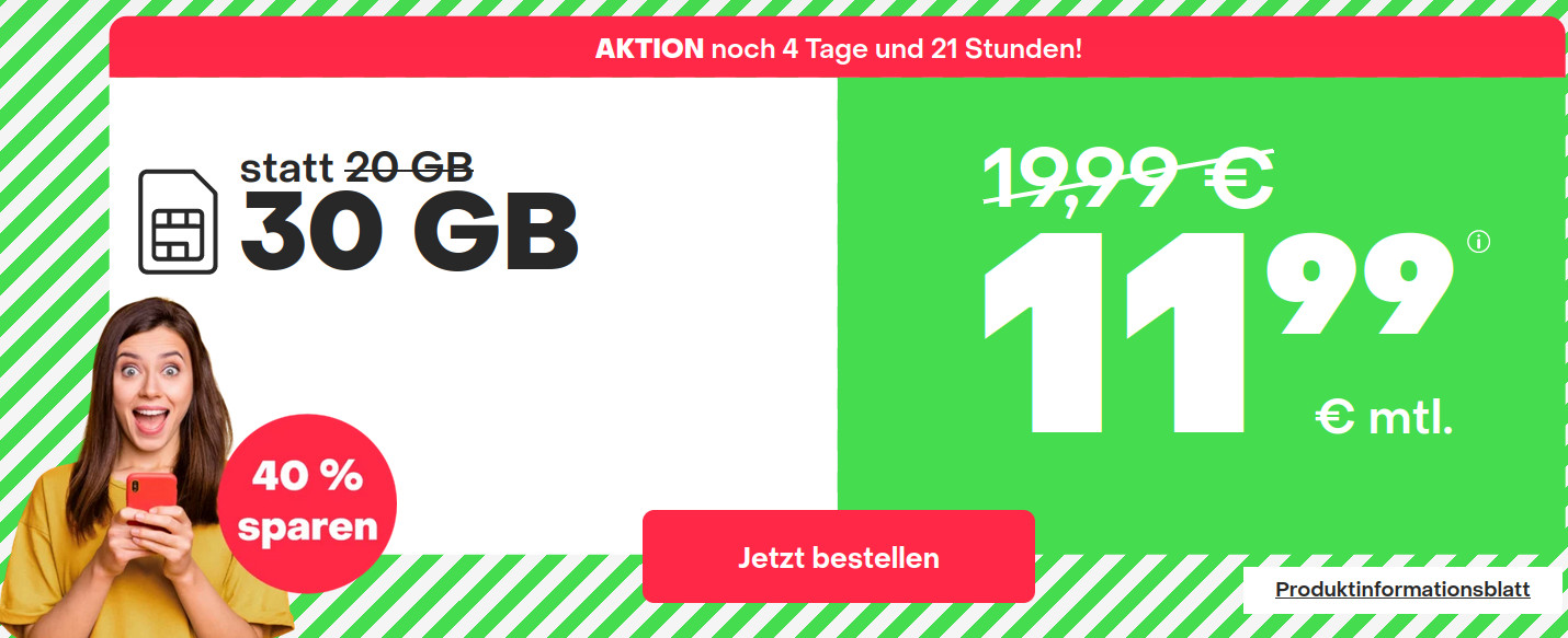 Tarifpower 30 GB Handyflatrate Tarife: Handyvertragde 30 GB LTE All-In-Flat f�r 11,99 Euro mit mtl. Laufzeit