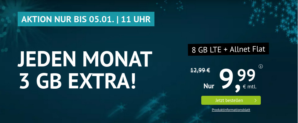 Silvester Deal: 8 GB LTE All-In-Flat f�r 9,99 Euro mit mtl. Laufzeit