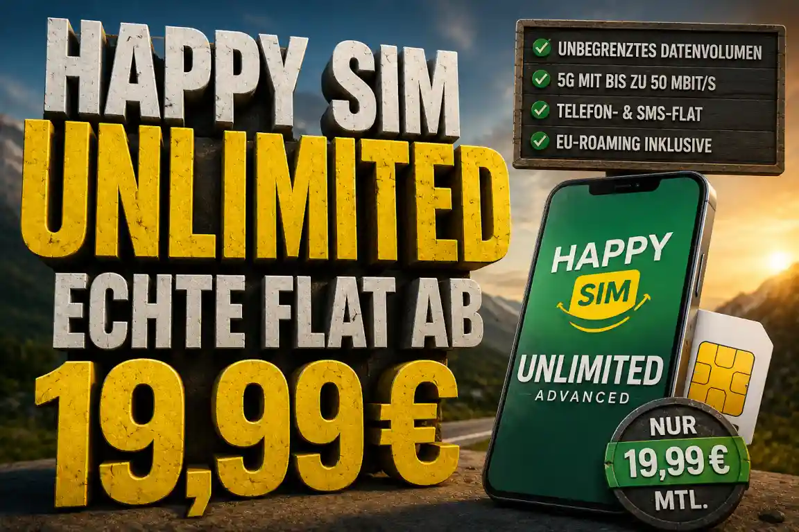 Happy SIM bietet 60 GB 5G f�r 9,99 Euro mit drei Freimonaten. Wir pr�fen Preis, Laufzeit, Effektivkosten und m�gliche Haken