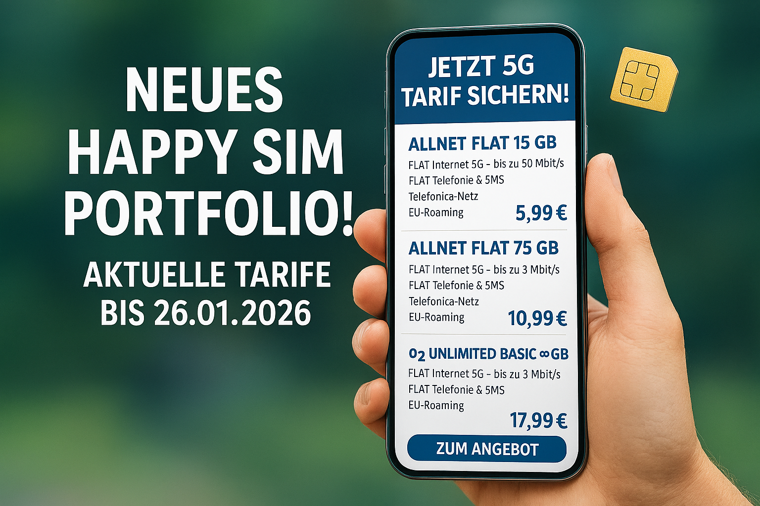 Ausf�hrlicher �berblick �ber das verl�ngerte Happy SIM Portfolio mit 5G Tarifen, Preisgarantie, Laufzeit- und Flex-Tarifen im Telef�nica-Netz.