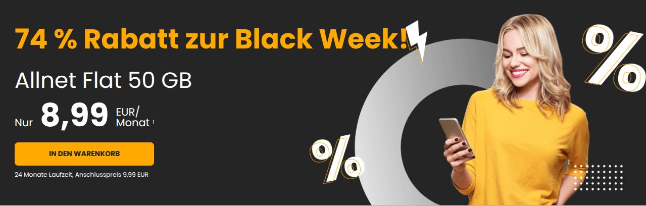 Happy SIM startet zur Black Week mit g�nstigen 5G Allnet Flats. Tarife mit 15GB, 35GB und 50GB ab 5,99&euro;. Preisgarantie, EU-Roaming und flexible Laufzeiten.