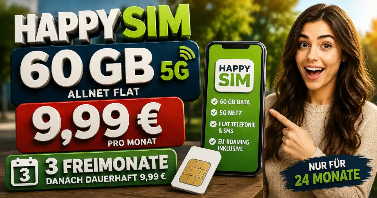 Happy SIM bietet 60 GB 5G f�r 9,99 Euro mit drei Freimonaten. Wir pr�fen Preis, Laufzeit, Effektivkosten und m�gliche Haken