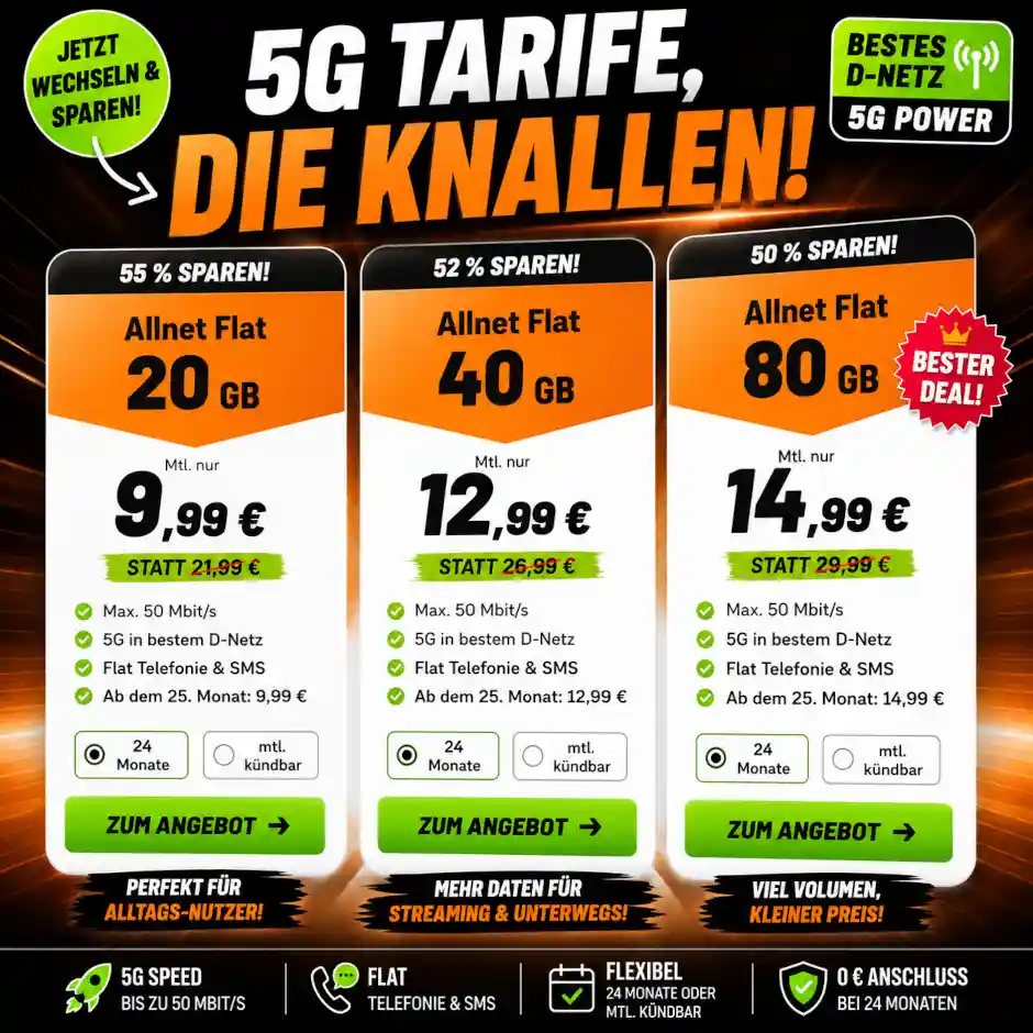 klarmobil bietet neue 5G-Allnet-Flats im D-Netz ab 9,99 Euro. Der Tarifcheck zeigt Preise, Datenvolumen, Laufzeit und Kosten