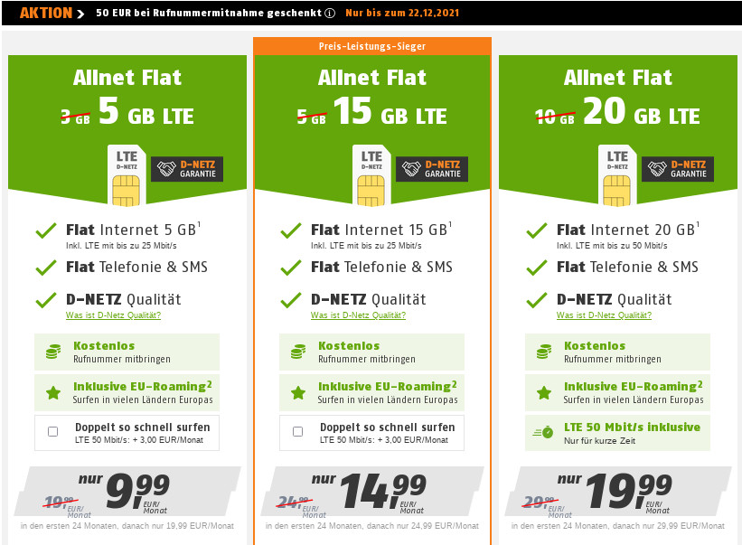 Tariftipp Telekom Netz: 40 Prozent sparen, 50 Euro Wechselbonus-- 15 GB LTE All-In-Flat für 14,99 Euro